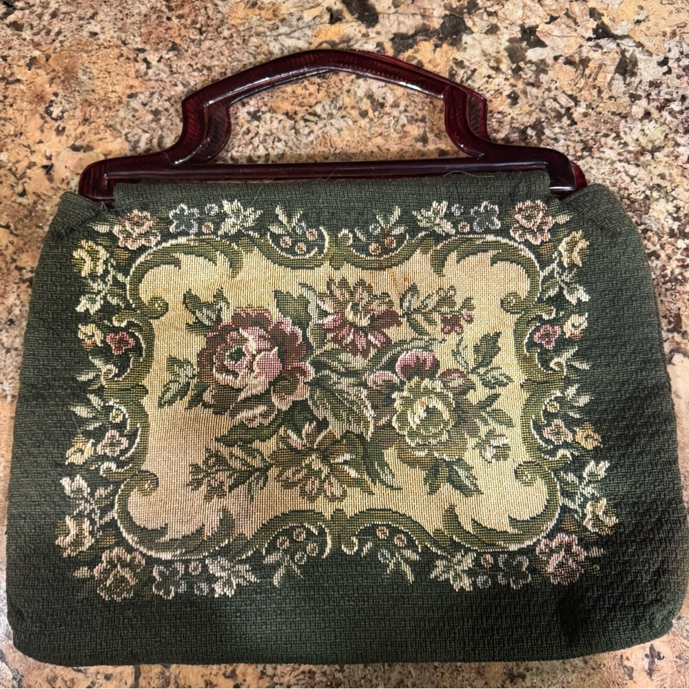 Vtg Henry seligman 1950s carpet bag floral tapestry wooden handle